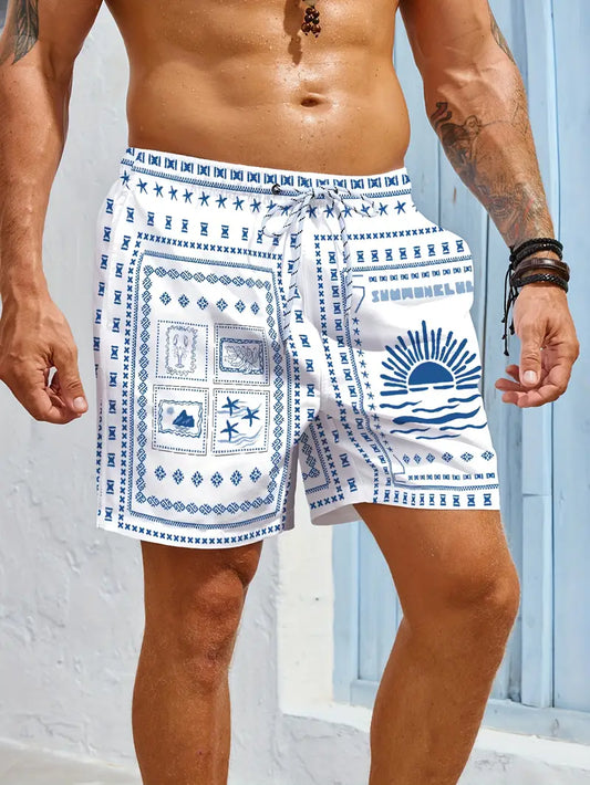 Blue And White Casual Shorts Featuring a Loose Fit