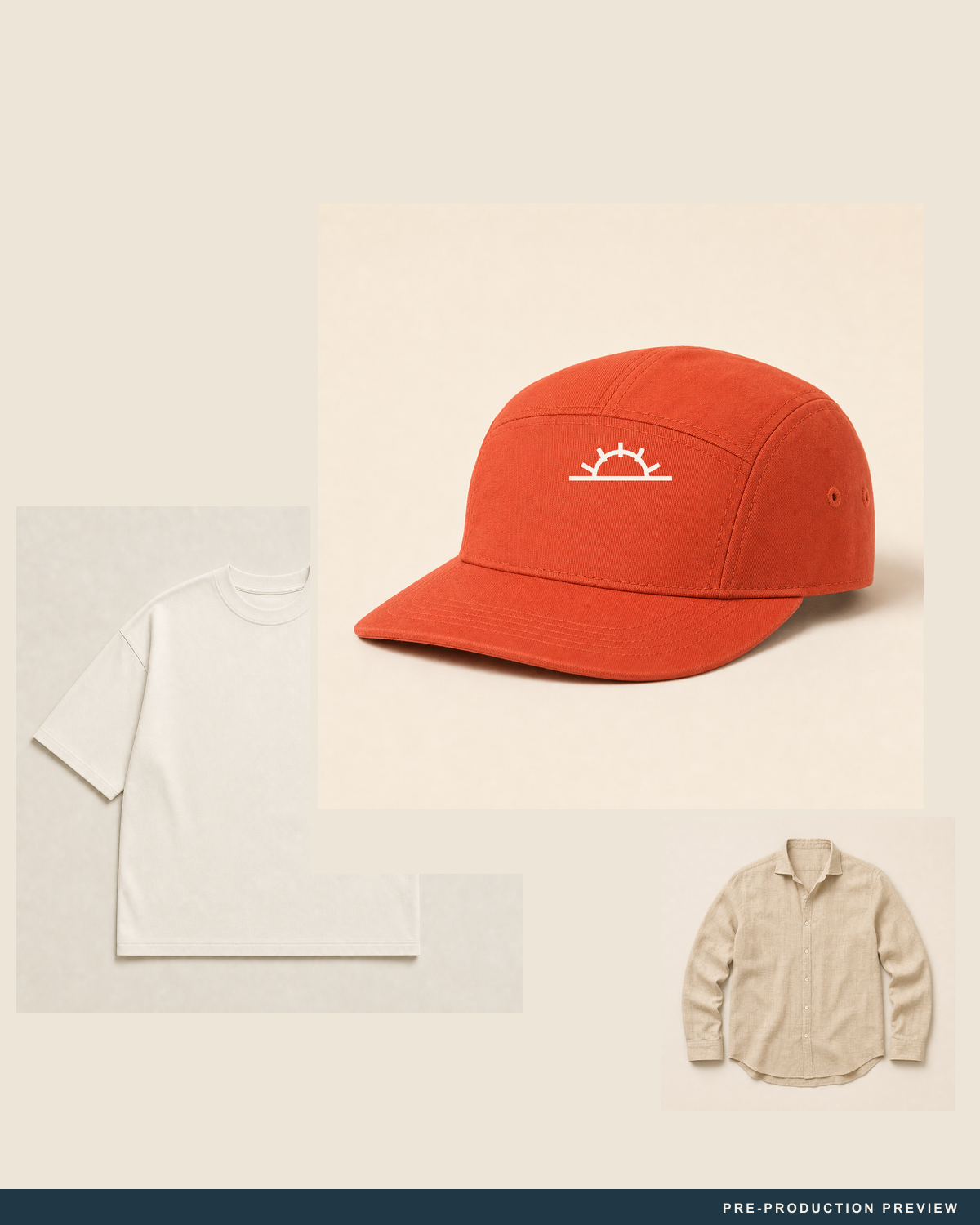 Last Light Cap — styled flat-lay — PRE-PRODUCTION PREVIEW [preview-imagery]