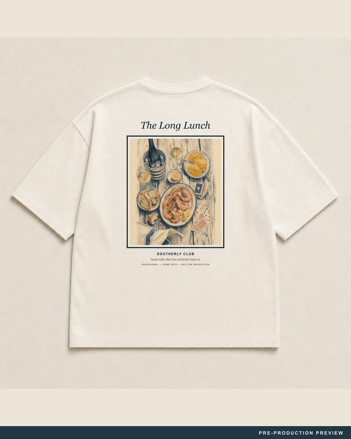 The Long Lunch Tee — main decoration hero — PRE-PRODUCTION PREVIEW [preview-imagery]