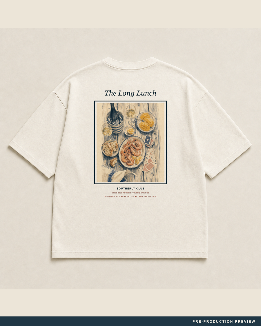 The Long Lunch Tee — main decoration hero — PRE-PRODUCTION PREVIEW [preview-imagery]