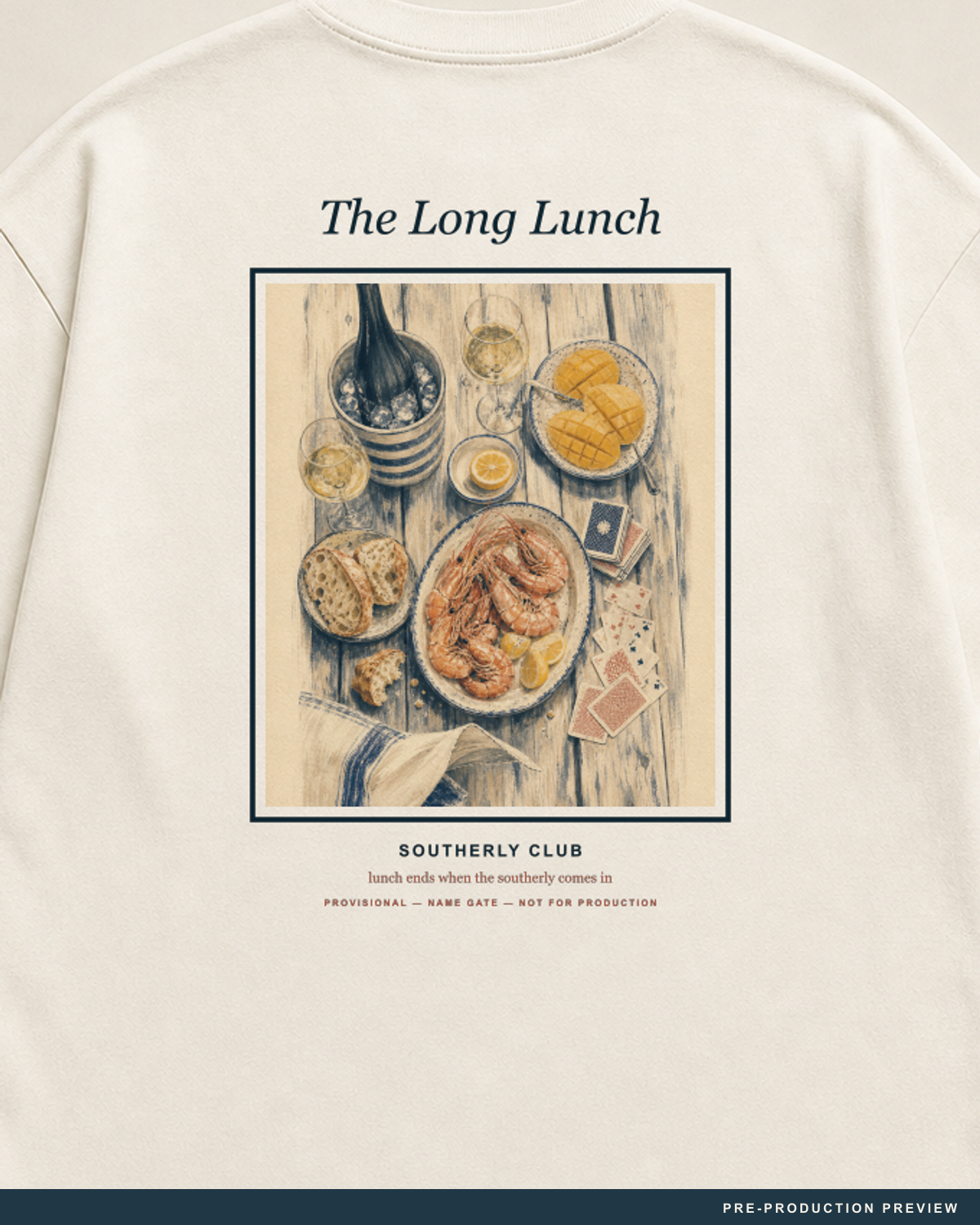 The Long Lunch Tee — decoration close-up — PRE-PRODUCTION PREVIEW [preview-imagery]