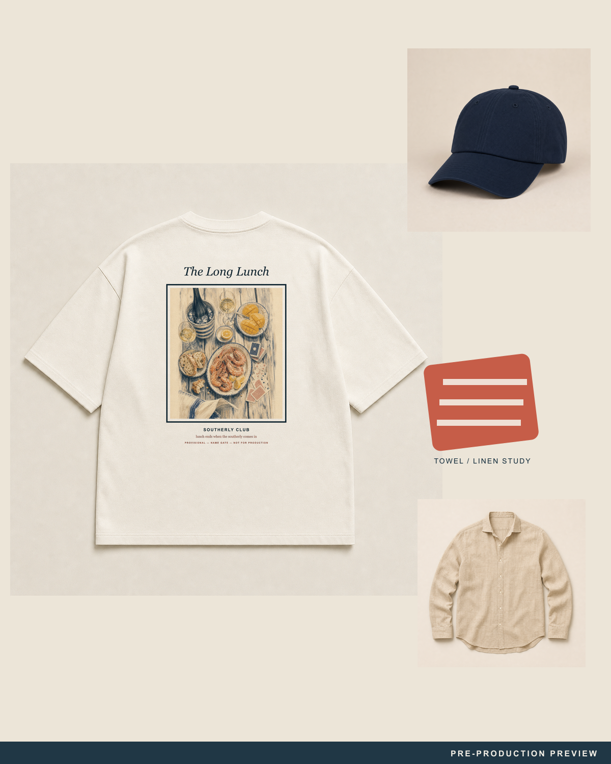 The Long Lunch Tee — styled flat-lay — PRE-PRODUCTION PREVIEW [preview-imagery]
