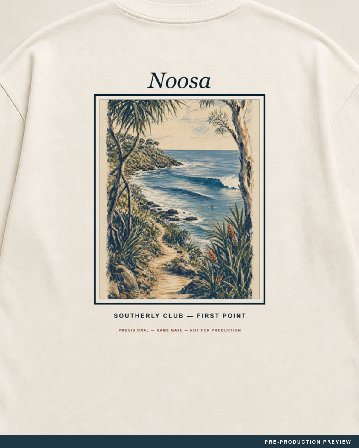 Noosa Tee — decoration close-up — PRE-PRODUCTION PREVIEW [preview-imagery]