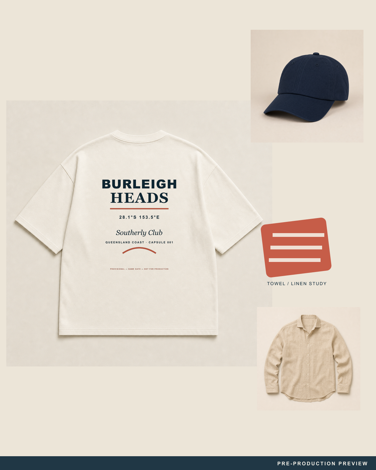 Burleigh Tee — styled flat-lay — PRE-PRODUCTION PREVIEW [preview-imagery]