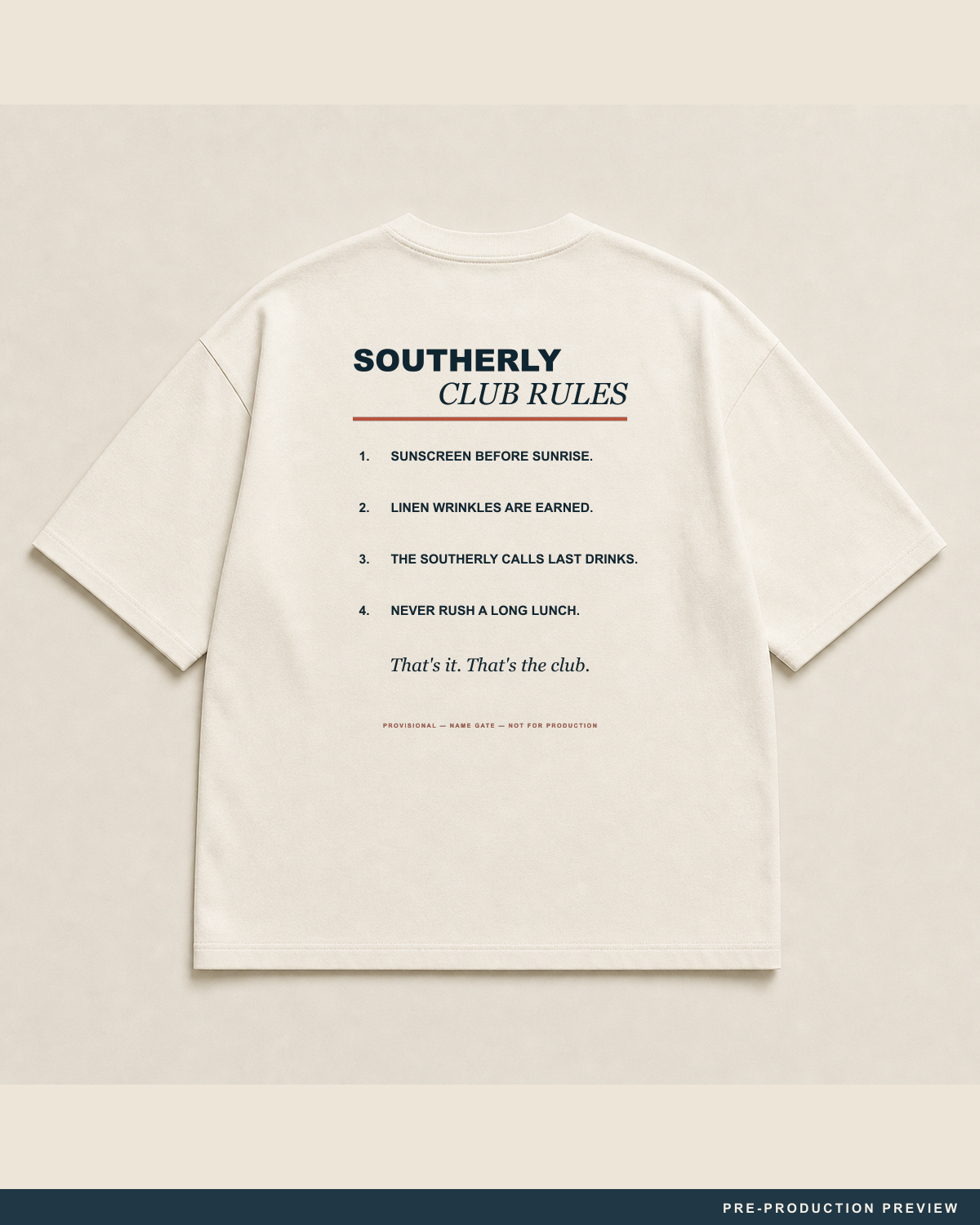 Southerly Club Rules Tee — main decoration hero — PRE-PRODUCTION PREVIEW [preview-imagery]