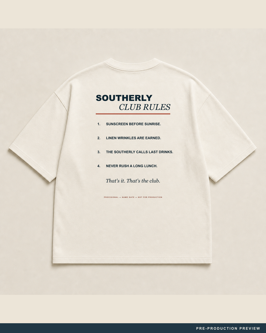 Southerly Club Rules Tee — main decoration hero — PRE-PRODUCTION PREVIEW [preview-imagery]