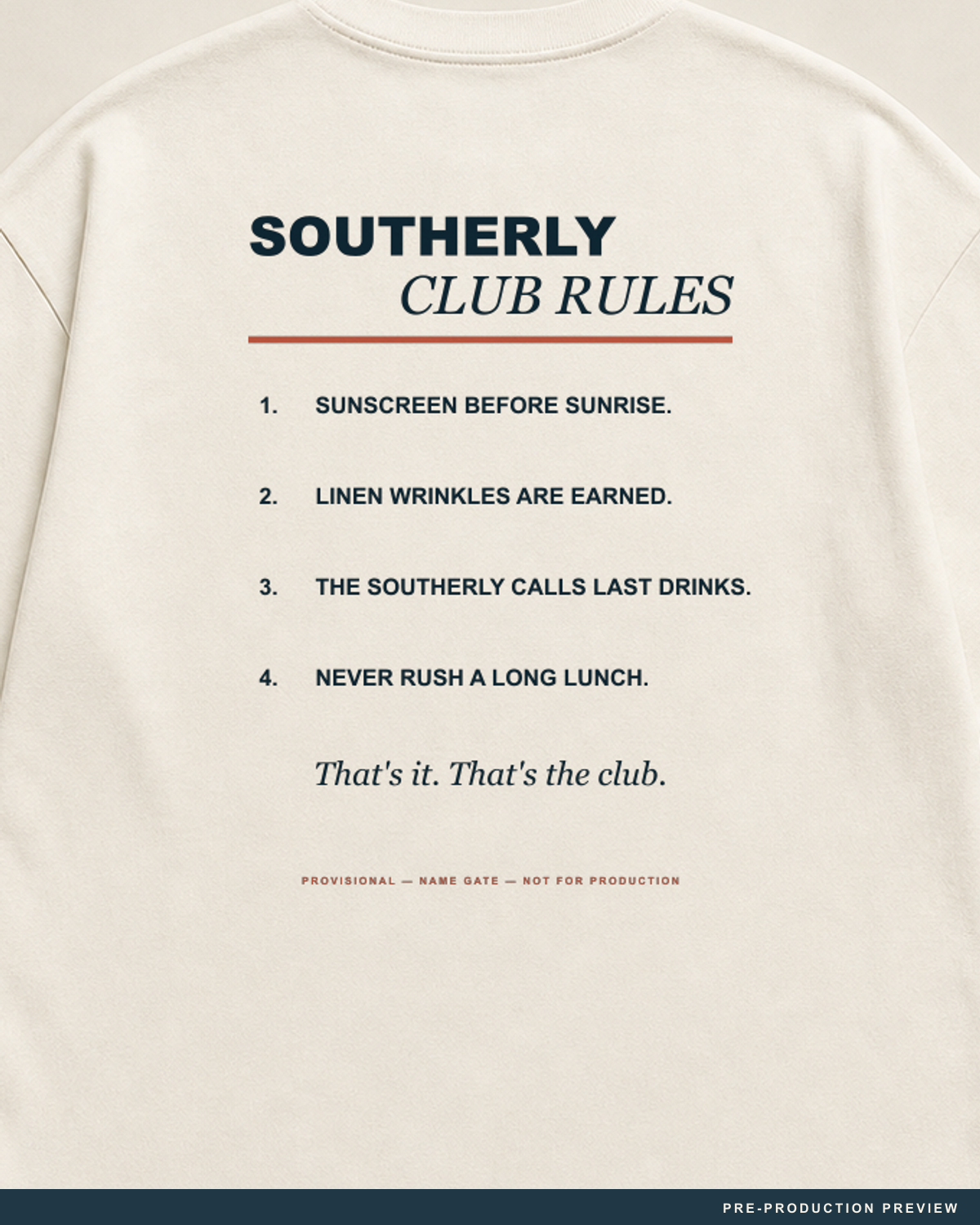 Southerly Club Rules Tee — decoration close-up — PRE-PRODUCTION PREVIEW [preview-imagery]