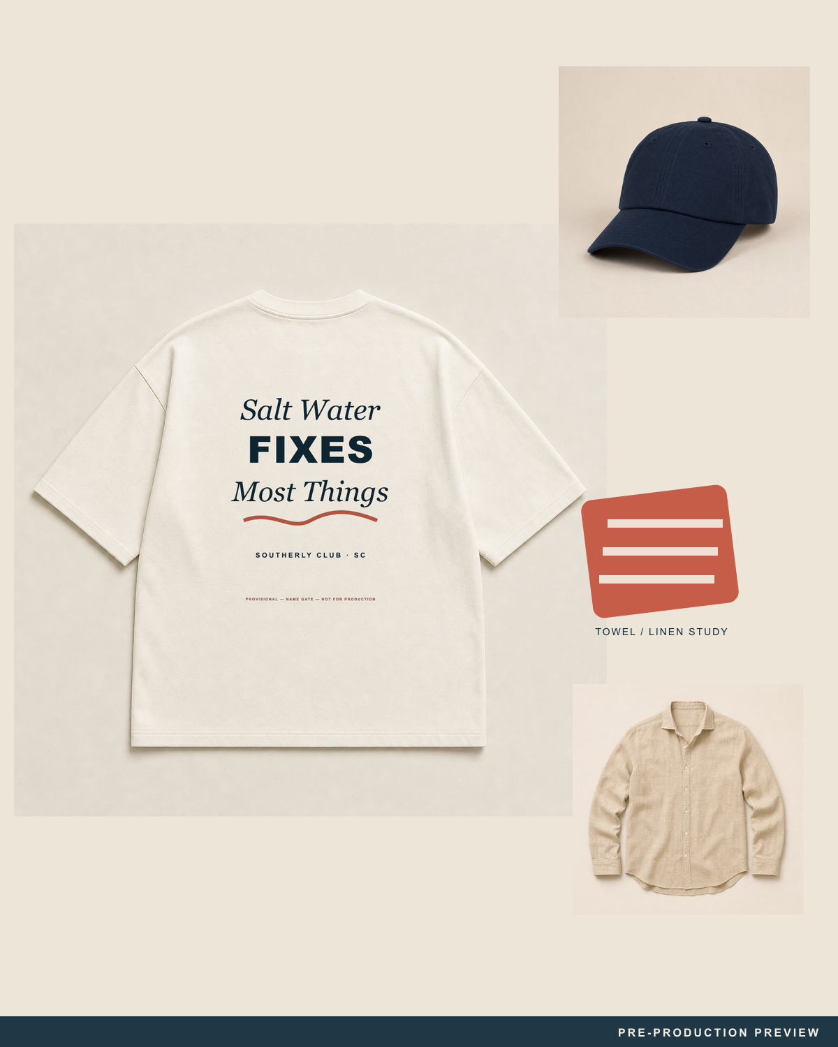 Salt Water Fixes Most Things Tee — styled flat-lay — PRE-PRODUCTION PREVIEW [preview-imagery]