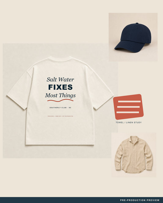 Salt Water Fixes Most Things Tee — styled flat-lay — PRE-PRODUCTION PREVIEW [preview-imagery]