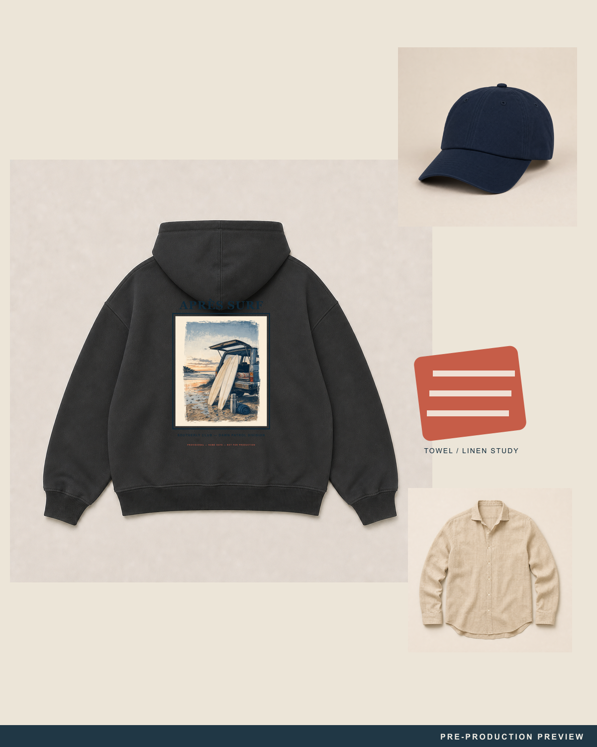 Après Surf Hoodie — styled flat-lay — PRE-PRODUCTION PREVIEW [preview-imagery]