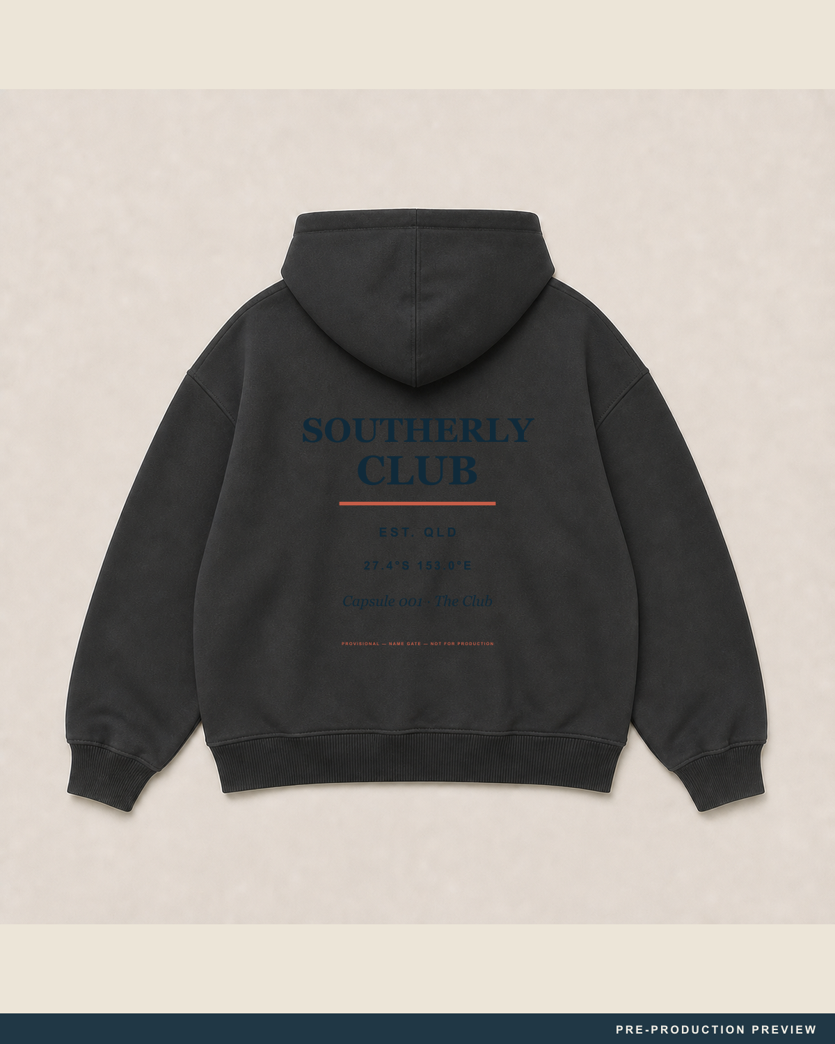 Southerly Club Hoodie — main decoration hero — PRE-PRODUCTION PREVIEW [preview-imagery]
