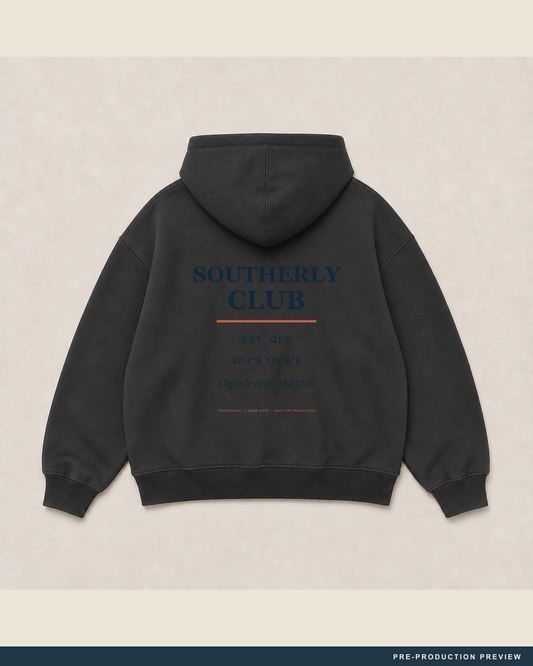 Southerly Club Hoodie — main decoration hero — PRE-PRODUCTION PREVIEW [preview-imagery]