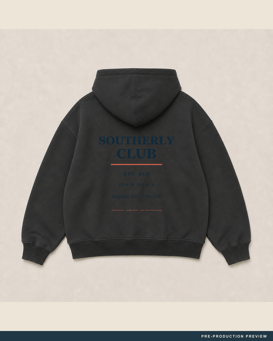 Southerly Club Hoodie — main decoration hero — PRE-PRODUCTION PREVIEW [preview-imagery]