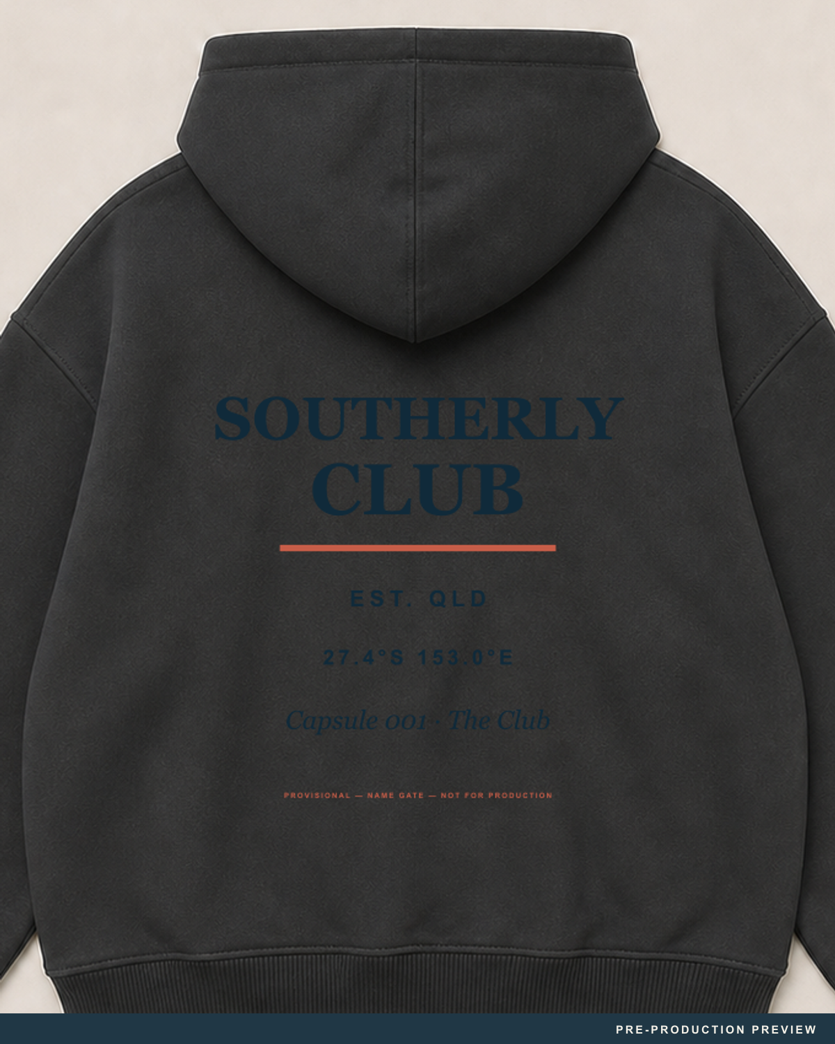 Southerly Club Hoodie — decoration close-up — PRE-PRODUCTION PREVIEW [preview-imagery]