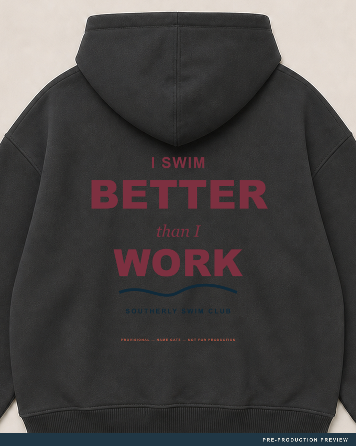 I Swim Better Than I Work Hoodie — decoration close-up — PRE-PRODUCTION PREVIEW [preview-imagery]