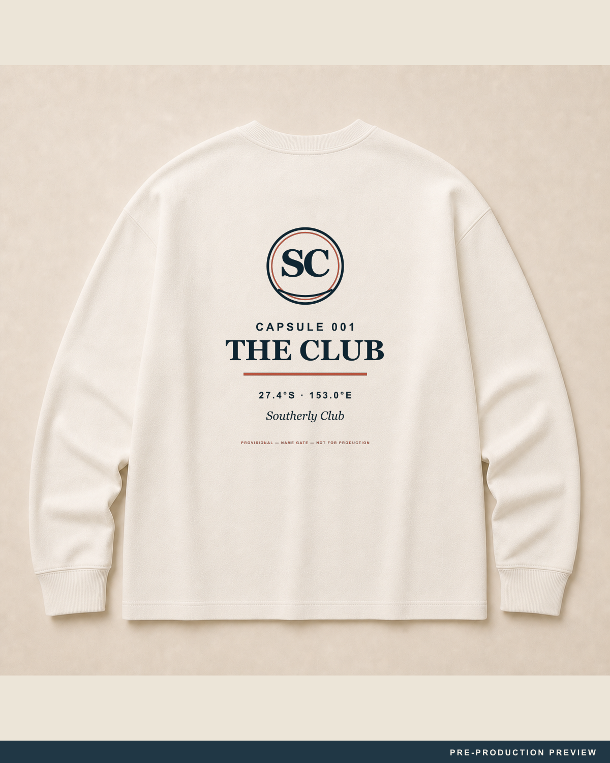 Southerly Club Longsleeve — main decoration hero — PRE-PRODUCTION PREVIEW [preview-imagery]
