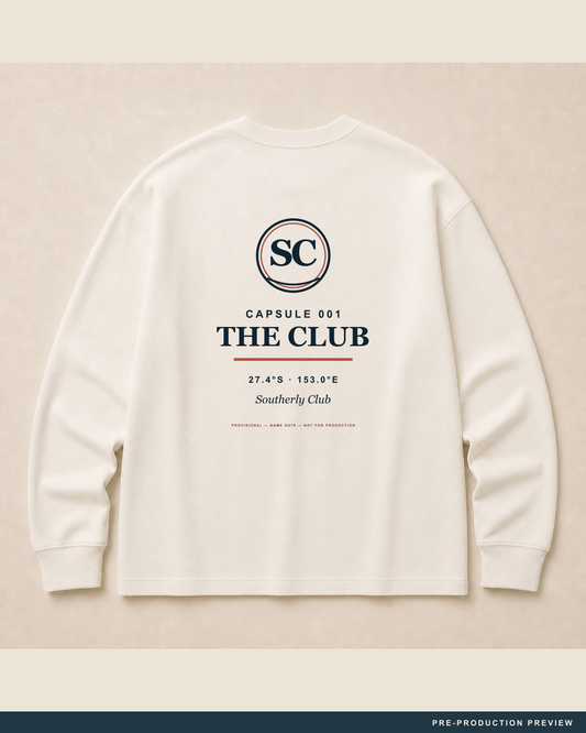Southerly Club Longsleeve — main decoration hero — PRE-PRODUCTION PREVIEW [preview-imagery]