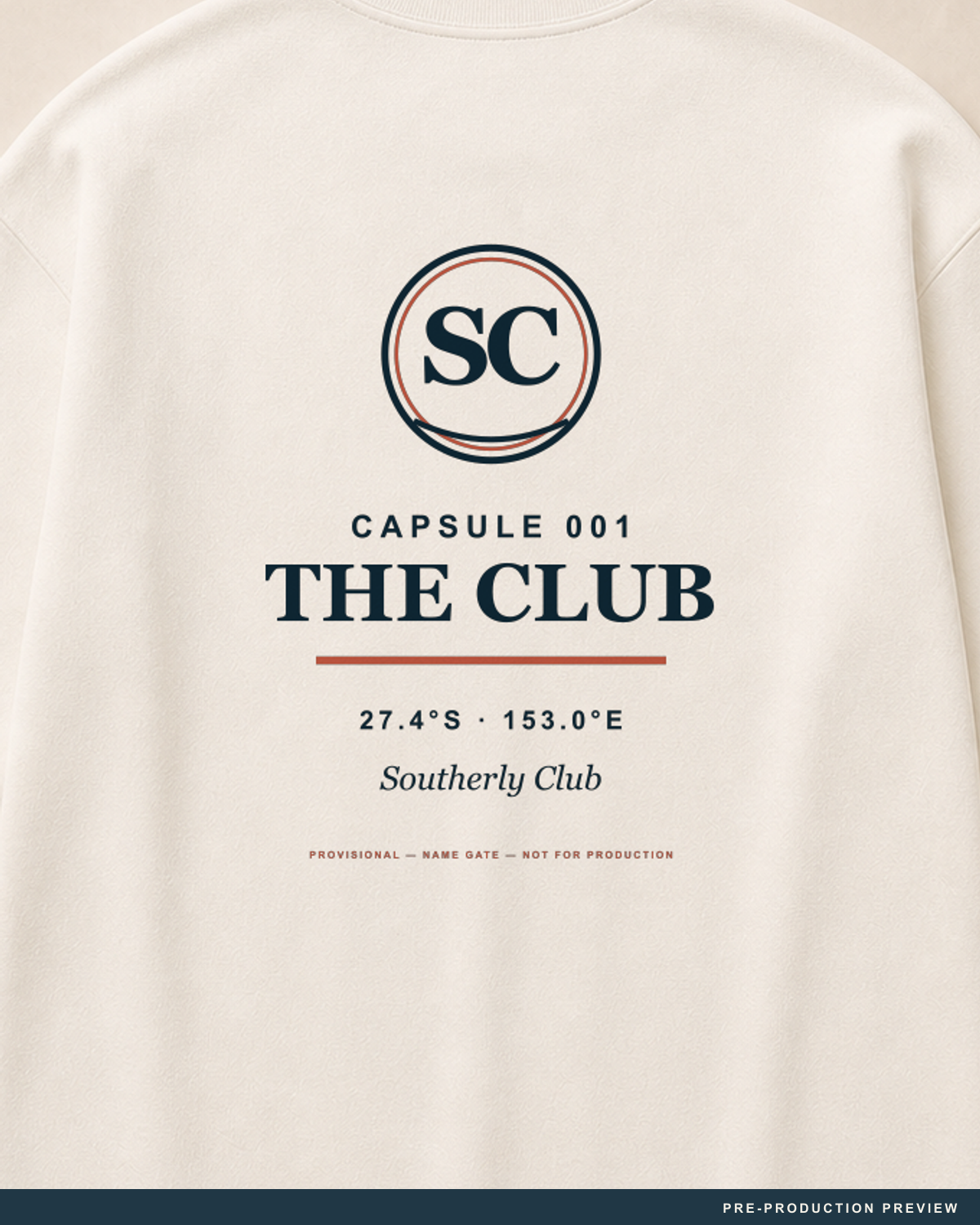 Southerly Club Longsleeve — decoration close-up — PRE-PRODUCTION PREVIEW [preview-imagery]