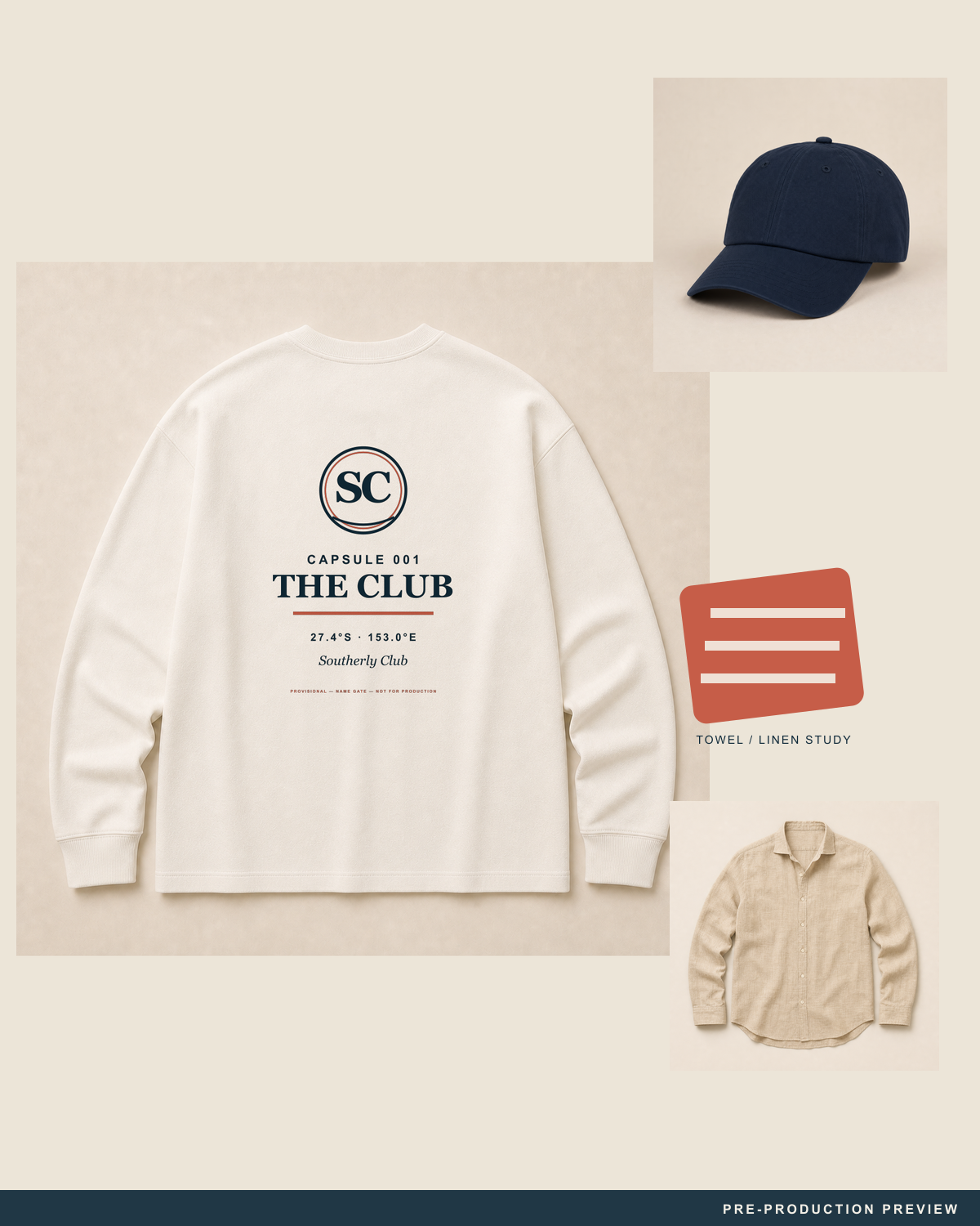 Southerly Club Longsleeve — styled flat-lay — PRE-PRODUCTION PREVIEW [preview-imagery]