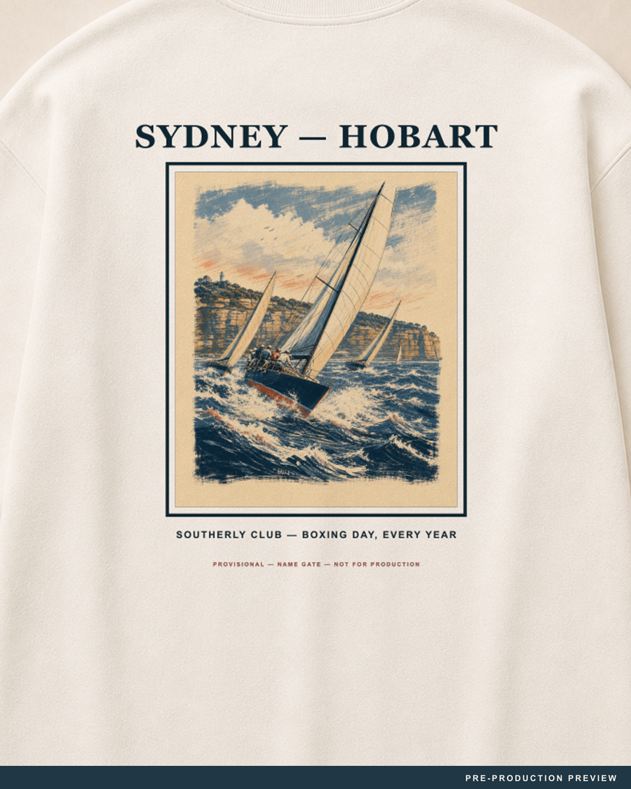 Sydney–Hobart Longsleeve — decoration close-up — PRE-PRODUCTION PREVIEW [preview-imagery]