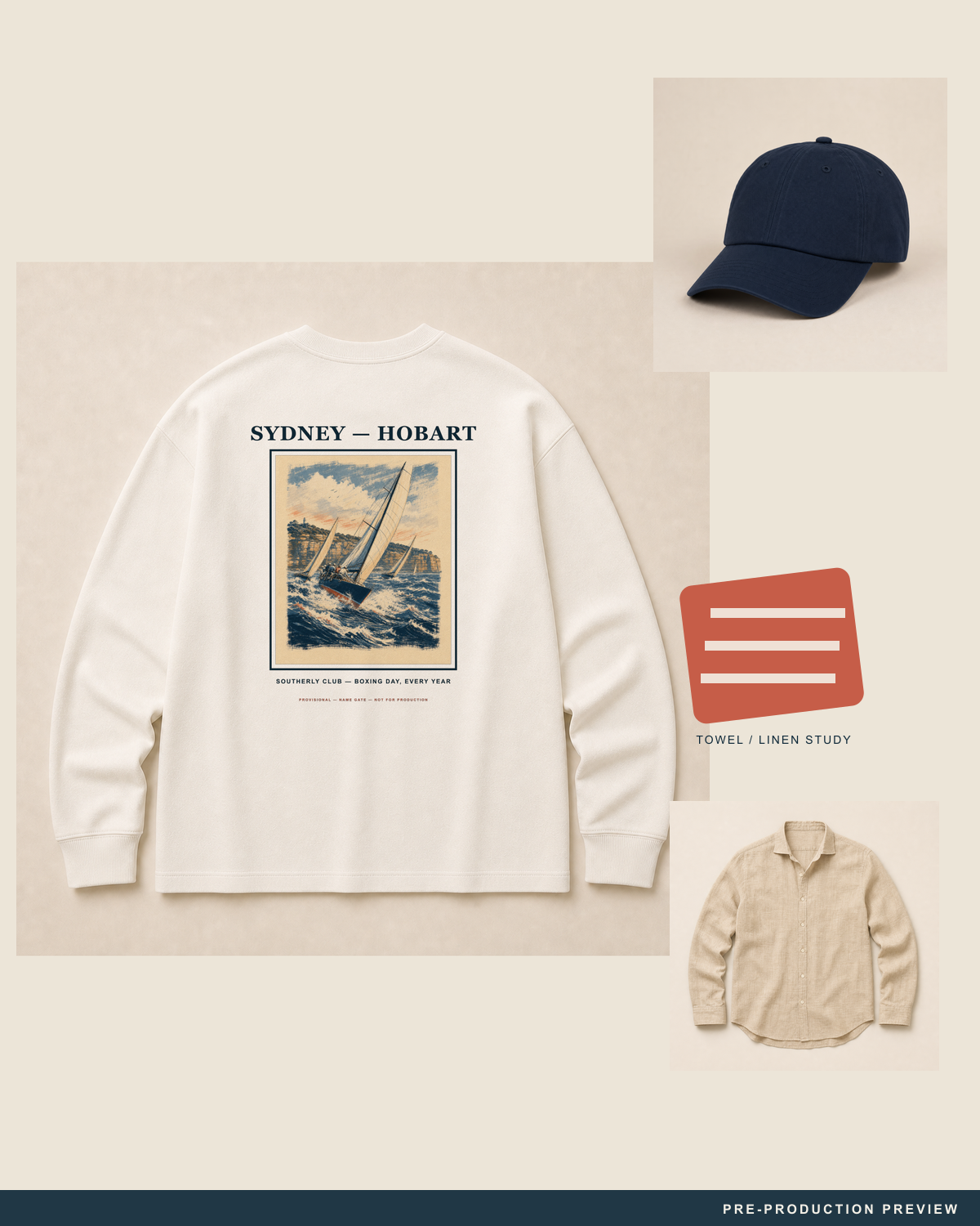 Sydney–Hobart Longsleeve — styled flat-lay — PRE-PRODUCTION PREVIEW [preview-imagery]