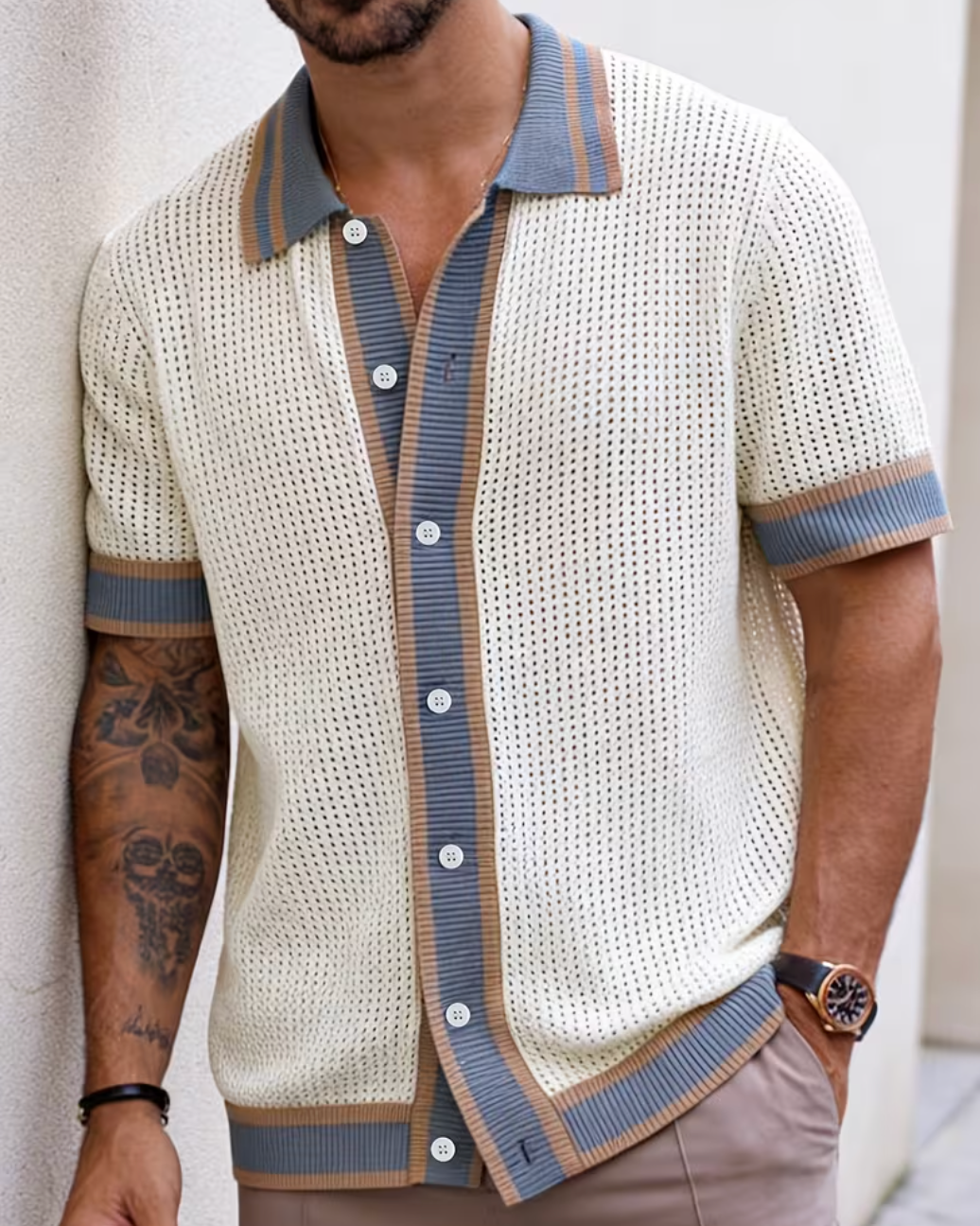 Men's Short Sleeve Lapel Knit Cardigan – slate and camel open-weave knit, lapel collar, button front | VeroGent