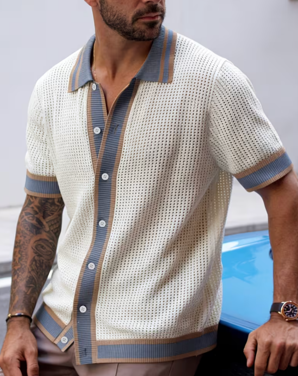 Men's Short Sleeve Lapel Knit Cardigan – contrast trim detail, worn open over a tee | VeroGent
